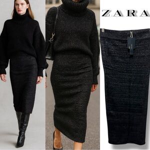 ZARA | NWT $69 Black Metallic Knit Bodycon Pencil Skirt (Size S) - stretchy